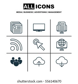 Set Of 9 Internet Icons. Includes Data Synchronize, Display, Cursor Tap And Other Symbols. Beautiful Design Elements.