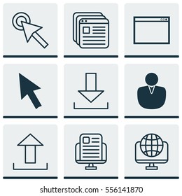 Set Of 9 Internet Icons. Includes Computer Network, Account, Blog Page And Other Symbols. Beautiful Design Elements.