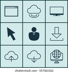 Set Of 9 Internet Icons. Includes Computer Network, Save Data, Virtual Storage And Other Symbols. Beautiful Design Elements.