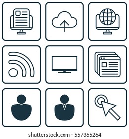 Set Of 9 Internet Icons. Includes Computer Network, Human, Display And Other Symbols. Beautiful Design Elements.