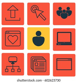 Set Of 9 Internet Icons. Includes Send Data, Followed Website, PC And Other Symbols. Beautiful Design Elements.