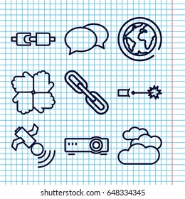 Set of 9 internet outline icons such as cloudy weather, chat, chain, satellite, electric circuit, router, planet, hands
