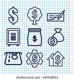 Set of 9 investment outline icons such as atm money withdraw, safe, money tree, dollar, dollar gear, dolar growth