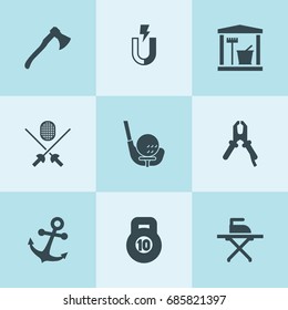 Set of 9 iron filled icons such as axe, pliers, laundry room, ironing, magnet, anchor, fencing, golf