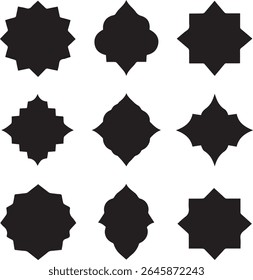 Set of 9 Islamic Geometric Shapes in Black Silhouette for Design and Decoration.
