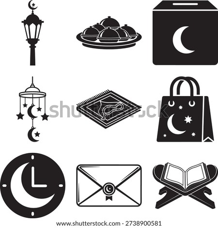 Set of 9 Islamic Tradition and Ramadan Icons featuring Prayer Mats Holy Quran Street Lanterns and Iftar Serving Dishes