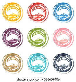 Set of 9 isolated colorful abstract vortex elements