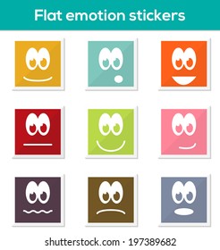 Set of 9 isolated colorful flat emoticon stickers with different expressions