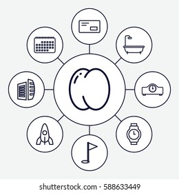 Set of 9 isolated outline icons such as peach, rocket, shower, business center, envelop, wrist watch, calendar, clock