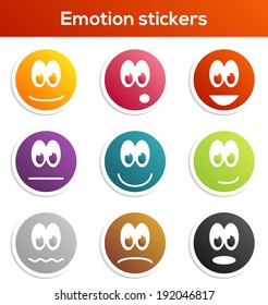 Set of 9 isolated stickers with different emotions and colors