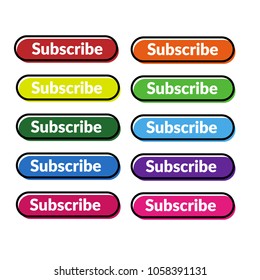 Set of 9 isolated web buttons with rounded corners, colorful and text Subscribe