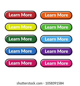 Set of 9 isolated web buttons with rounded corners, colorful and text Learn More