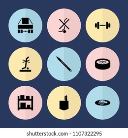 Set of 9 isometric filled icons such as office room, fried egg and bacon, no standing nearby, musical pipe, jacuzzi, storage, barbell