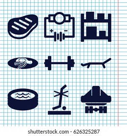 Set of 9 isometric filled icons such as fried egg and bacon, no standing nearby, cargo plane back view, beef, jacuzzi, sunbed, storage, Electricity
