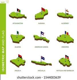 Set of 9 isometric map and flag, 3D vector isometric shape of Afghanistan, Albania, Alderney, Algeria, American Samoa, Andorra, Angola, Anguilla, Antigua and Barbuda