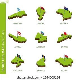 Set of 9 isometric map and flag, 3D vector isometric shape of Argentina, Armenia, Australia, Austria, Azerbaijan, Bahrain, Bangladesh, Barbados, Belarus