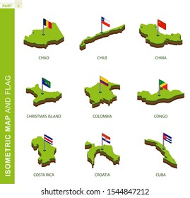 Set of 9 isometric map and flag, 3D vector isometric shape of Chad, Chile, China, Christmas Island, Colombia, Congo, Costa Rica, Croatia, Cuba 