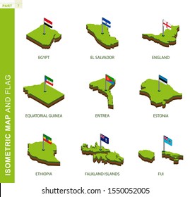 Set of 9 isometric map and flag, 3D vector isometric shape of Egypt, El Salvador, England, Equatorial Guinea, Eritrea, Estonia, Ethiopia, Falkland Islands, Fiji