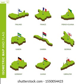 Set of 9 isometric map and flag, 3D vector isometric shape of Finland, France, French Guiana, Gabon, Gambia, Georgia, Germany, Ghana, Gibraltar