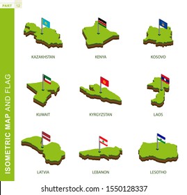 Set of 9 isometric map and flag, 3D vector isometric shape of Kazakhstan, Kenya, Kosovo, Kuwait, Kyrgyzstan, Laos, Latvia, Lebanon, Lesotho