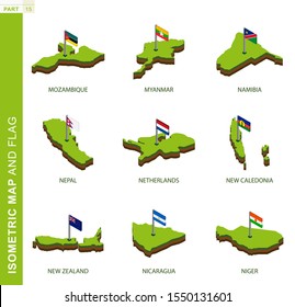 Set of 9 isometric map and flag, 3D vector isometric shape of Mozambique, Myanmar, Namibia, Nepal, Netherlands, New Caledonia, New Zealand, Nicaragua, Niger