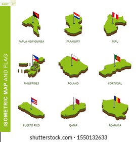 Set of 9 isometric map and flag, 3D vector isometric shape of Papua New Guinea, Paraguay, Peru, Philippines, Poland, Portugal, Puerto Rico, Qatar, Romania