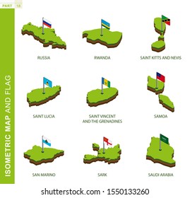 Set of 9 isometric map and flag, 3D vector isometric shape of Russia, Rwanda, Saint Kitts and Nevis, Saint Lucia, Saint Vincent and the Grenadines, Samoa, San Marino, Sark, Saudi Arabia