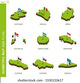 9 isometrische Karte und Flagge, isometrische 3D-Vektorillustration in Schottland, Senegal, Serbien, den Seychellen, Sierra Leone, Singapur, der Slowakei, Slowenien, Somalia