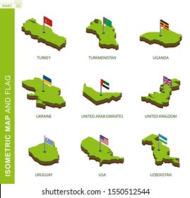 Set of 9 isometric map and flag, 3D vector isometric shape of Turkey, Turkmenistan, Uganda, Ukraine, United Arab Emirates, United Kingdom, Uruguay, USA, Uzbekistan