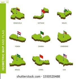 Set of 9 isometric map and flag, 3D vector isometric shape of Venezuela, Vietnam, Wales, Yemen, Zambia, Zimbabwe, Brazil, China, USA