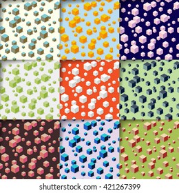 Set of 9 isometric seamless patterns. Cubes background. Vector illustration
