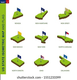 Set of 9 isometric US state maps and flags, 3D vector isometric shape of Nevada, New Hampshire, New Jersey, New Mexico, New York, North Carolina, North Dakota, Ohio, Oklahoma