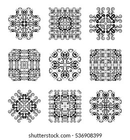 Set of 9 items of the openwork pattern for the creation and execution of design works. Black pattern on a white background. Vector