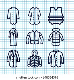 Set of 9 jacket outline icons such as jacket, hoodie, overcoat