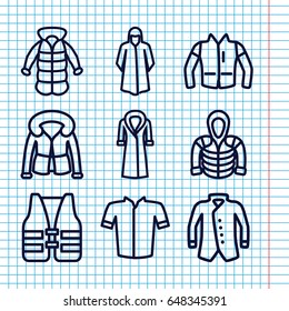 Set of 9 jacket outline icons such as overcoat, jacket, hoodie