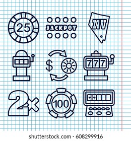 Set of 9 jackpot outline icons such as Slot machine, Casino chip and money, Casino bet, Jackpot, Vegas