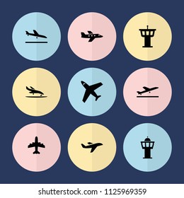 Set of 9 jet filled icons such as plane taking off, plane landing, airport tower