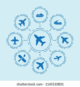 Set of 9 jet filled icons such as plane, airplane, water bike, plane
