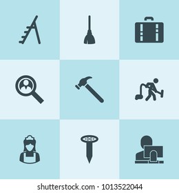 Set of 9 job filled icons such as user search, broom, man with vacuum cleaner, maid, user and computer, nail, hammer, ladder