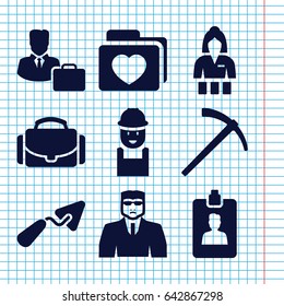 Set of 9 job filled icons such as casino girl, security guy, trowel, worker, folder with heart, clipboard, camera case, male consultant   with case