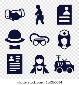 Set of 9 job filled icons such as maid, handshake, resume, welding glasses
