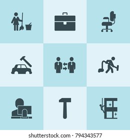 Set of 9 job filled icons such as businessmen communication, case, car body repair, skycrapers cleaning, floor wash, man with vacuum cleaner, user and computer, chair