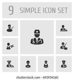 Set Of 9 Job Icons Set.Collection Of Officer, Coder, Medic And Other Elements.