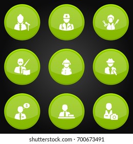Set Of 9 Job Icons Set.Collection Of Vocalist, Journalist, Money Agent And Other Elements.