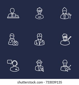 Set Of 9 Job Outline Icons Set.Collection Of Photographer, Doctor, Singer And Other Elements.