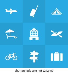 Set Of 9 Journey Icons Set.Collection Of Building, Baggage And Other Elements.
