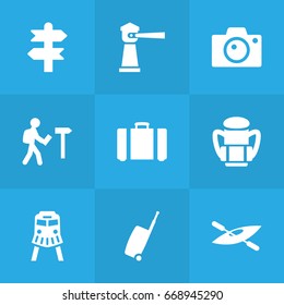 Set Of 9 Journey Icons Set.Collection Of Baggage, Canoe, Tram And Other Elements.