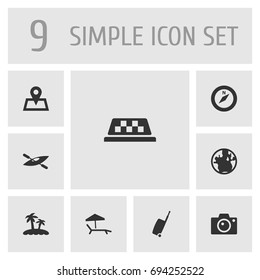 Set Of 9 Journey Icons Set.Collection Of Photo Apparatus, Baggage, Chaise Longue And Other Elements.