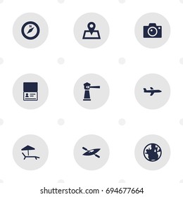 Set Of 9 Journey Icons Set.Collection Of Location, Aircraft, Chaise Longue And Other Elements.