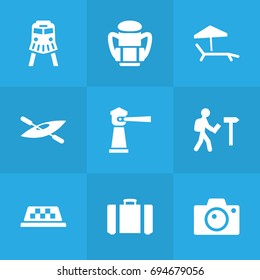 Set Of 9 Journey Icons Set.Collection Of Traveler, Canoe, Suitcase And Other Elements.